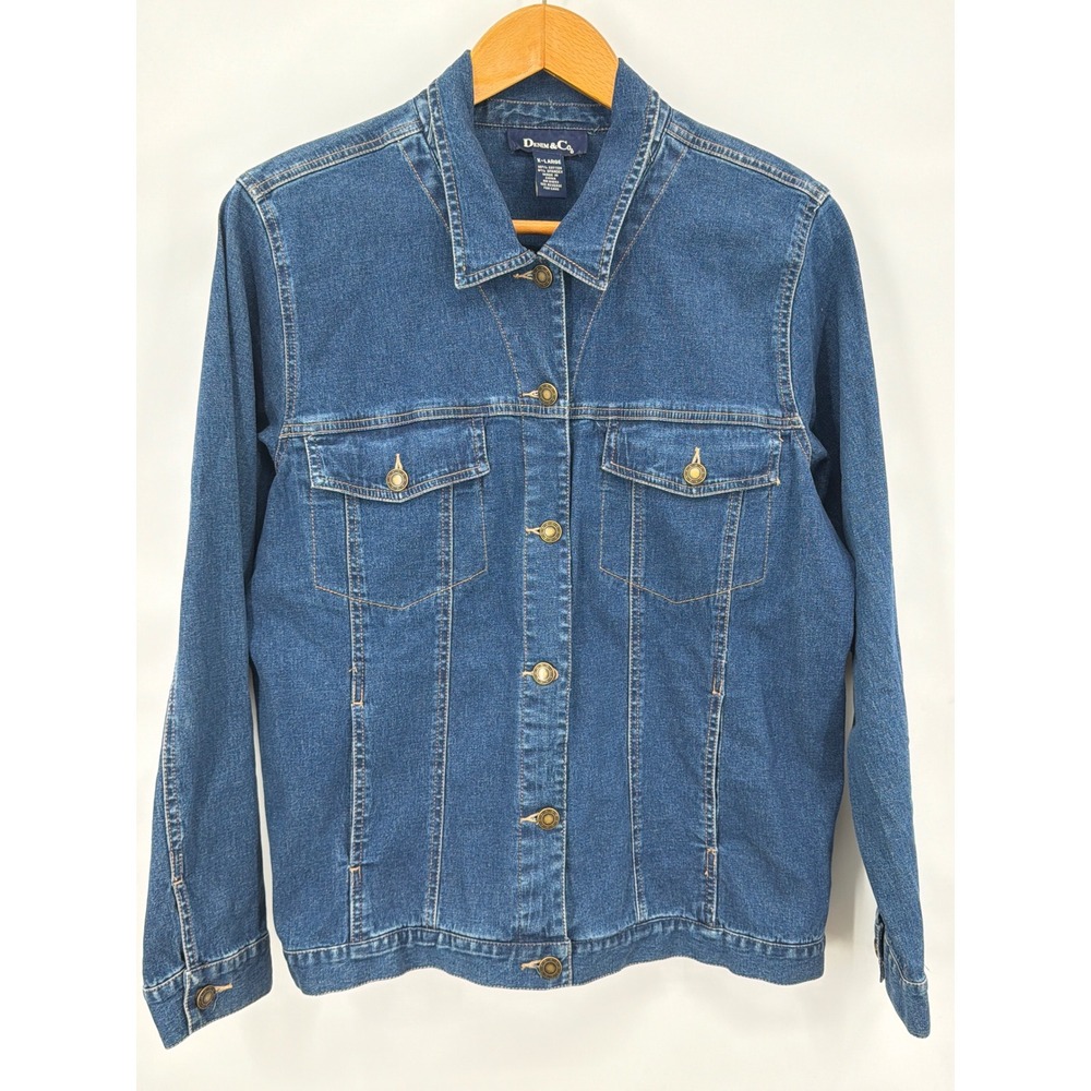 Denim & Co Womens XL Blue Stretch Denim Trucker Jacket Medium Wash Cotton Blend